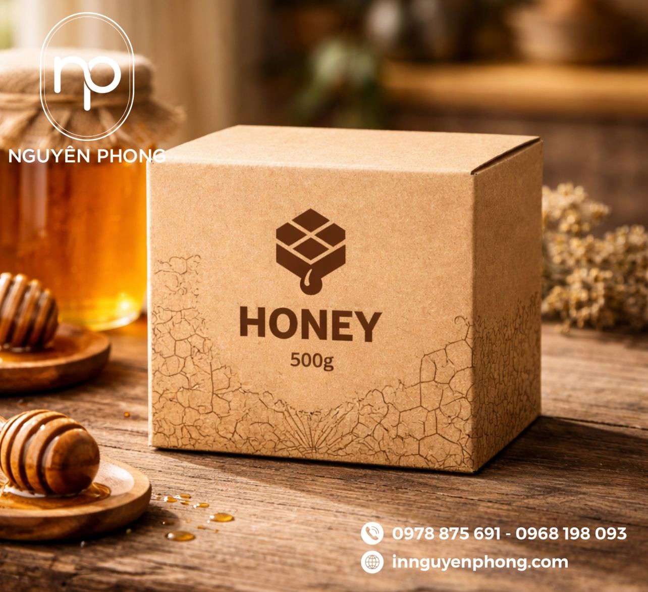 Mẫu in hộp mềm đựng mật ong 